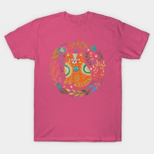 colorful illustration with beautiful cat and flowers #2 T-Shirt